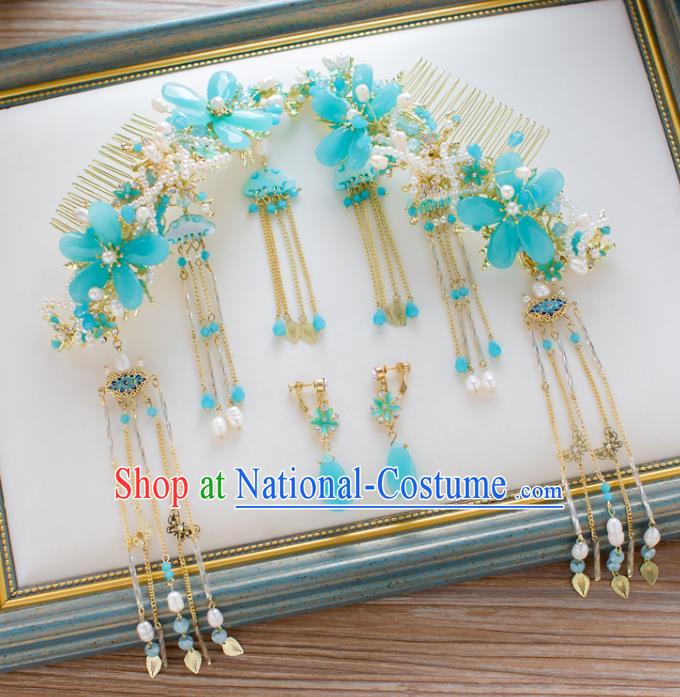 Chinese Handmade Classical Hair Accessories Ancient Blue Hair Comb Tassel Hairpins for Women