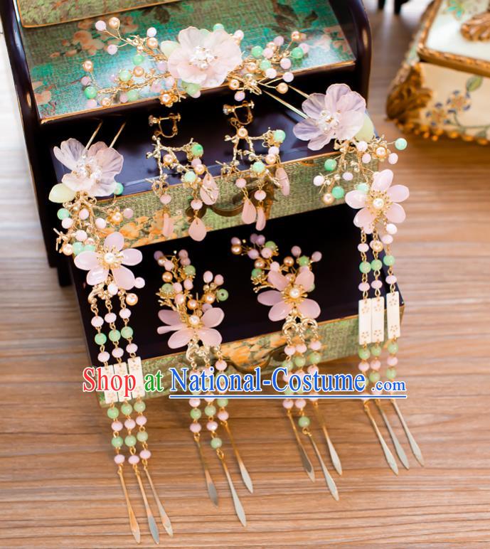 Chinese Handmade Classical Hair Accessories Ancient Pink Flowers Hair Clip Tassel Hairpins for Women