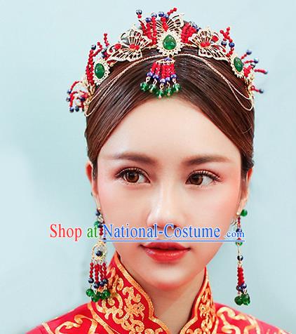 Chinese Handmade Classical Hair Accessories Ancient Red Phoenix Coronet Tassel Hairpins for Women