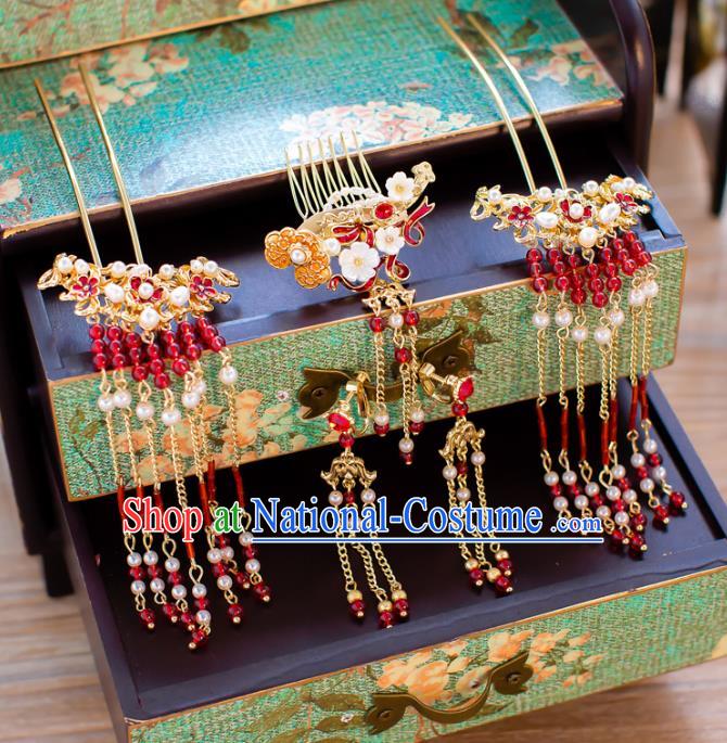 Chinese Handmade Classical Hair Accessories Ancient Red Beads Step Shake Tassel Hairpins for Women