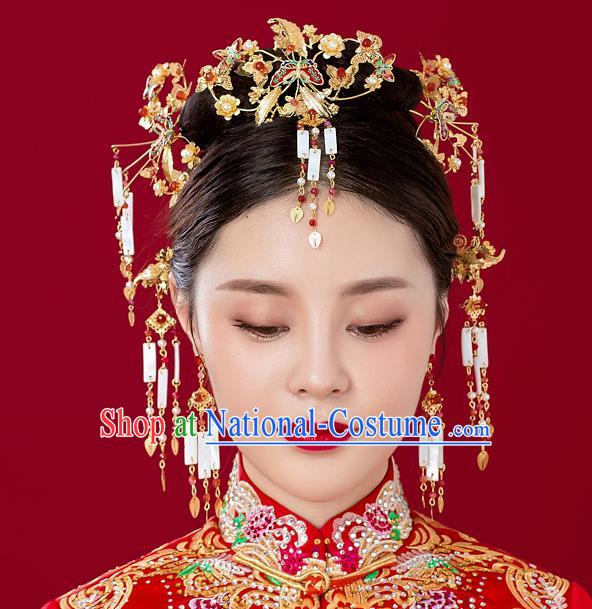 Chinese Handmade Classical Hair Accessories Ancient Red Phoenix Coronet Tassel Hairpins for Women