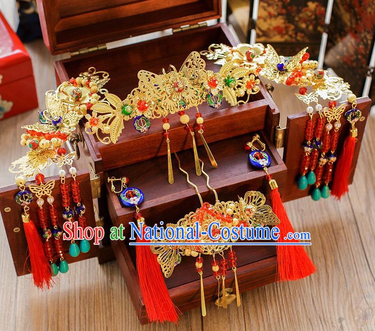 Chinese Handmade Classical Hair Accessories Ancient Butterfly Phoenix Coronet Tassel Hairpins for Women