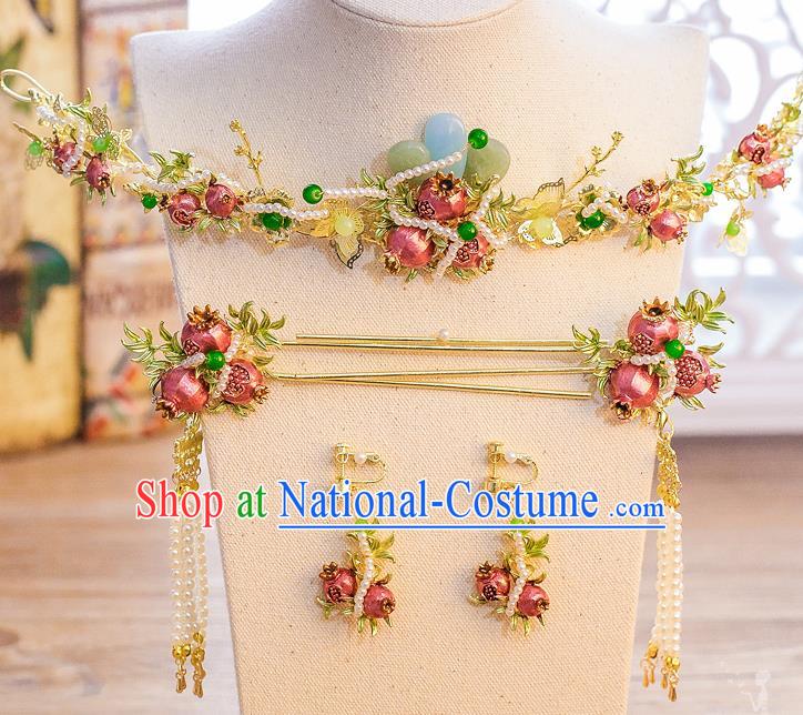 Chinese Handmade Classical Hair Accessories Ancient Bride Pomegranate Hair Clasp Tassel Hairpins for Women