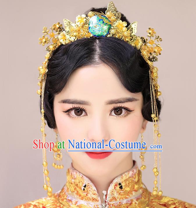 Chinese Handmade Classical Hair Accessories Ancient Bride Golden Butterfly Hair Clasp Tassel Hairpins for Women