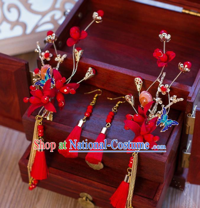 Handmade Classical Wedding Accessories Bride Red Tassel Hair Stick and Earrings for Women