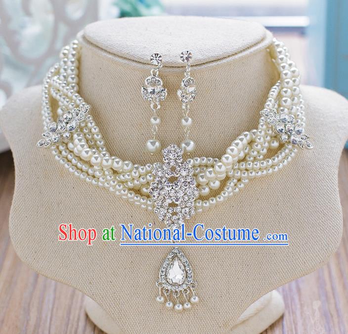 Handmade Classical Wedding Accessories Bride Pearls Necklace and Crystal Earrings for Women