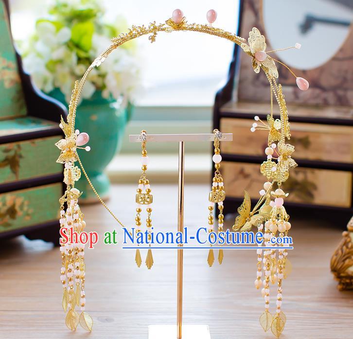 Handmade Classical Wedding Hair Accessories Bride Golden Tassel Hair Clasp and Earrings Headwear for Women