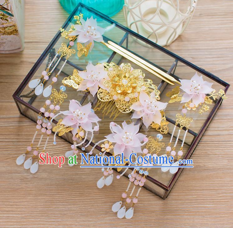 Chinese Handmade Classical Hair Accessories Ancient Pink Lotus Hair Comb Tassel Hairpins for Women