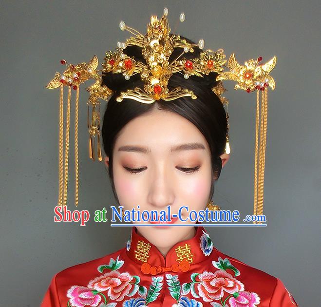 Chinese Handmade Classical Hair Accessories Ancient Xiuhe Suit Golden Hair Clip Tassel Hairpins for Women