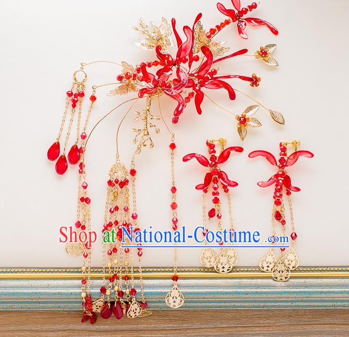 Chinese Handmade Classical Hair Accessories Ancient Red Hair Stick Tassel Hairpins for Women