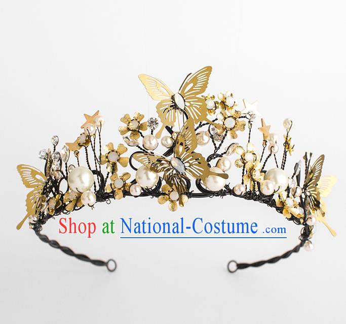 Handmade Classical Hair Accessories Baroque Bride Golden Butterfly Pearls Royal Crown Headwear for Women