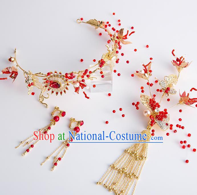 Handmade Classical Wedding Hair Accessories Bride Red Crystal Hair Clasp and Earrings Headwear for Women