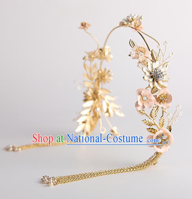 Handmade Classical Wedding Hair Accessories Bride Golden Flowers Tassel Hair Clasp Headwear for Women