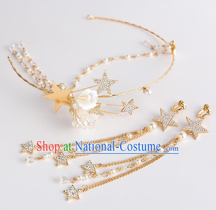 Handmade Classical Wedding Hair Accessories Bride Golden Stars Hair Clasp and Earrings Headwear for Women