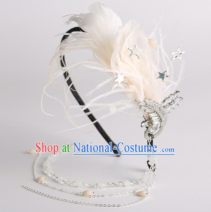 Handmade Classical Wedding Hair Accessories Bride White Feather Tassel Hair Clasp Headwear for Women