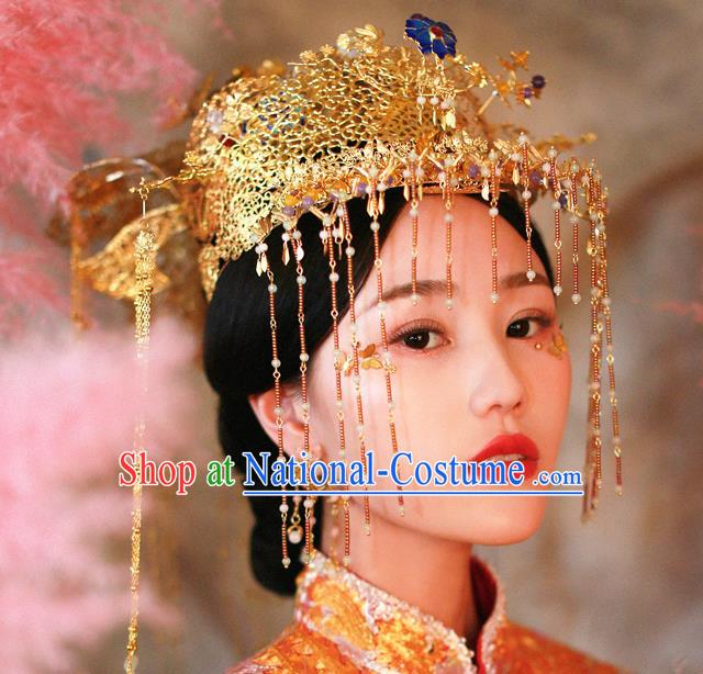 Chinese Handmade Classical Hair Accessories Xiuhe Suit Golden Phoenix Coronet Tassel Hairpins for Women