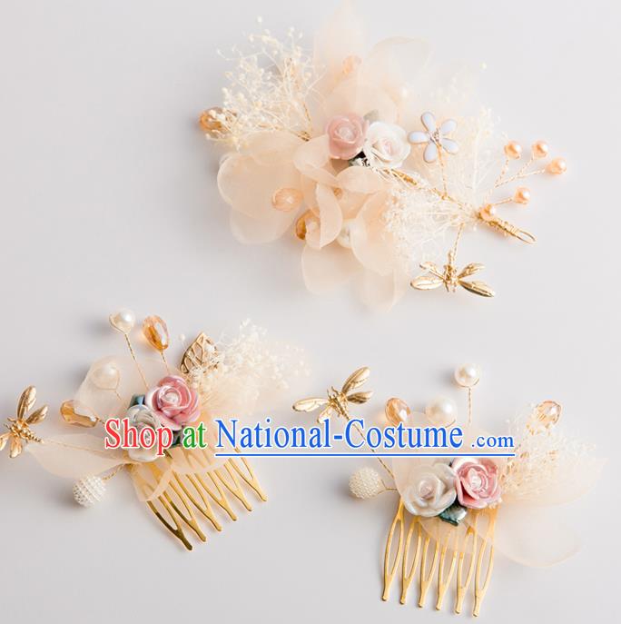 Handmade Classical Wedding Hair Accessories Bride Champagne Silk Hair Comb Hairpins Headwear for Women