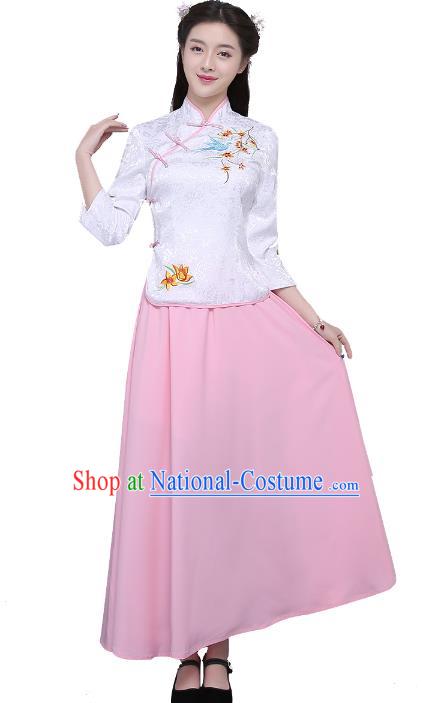 Traditional Republic of China Nobility Lady Costume Embroidered Cheongsam White Blouse and Pink Skirts for Women