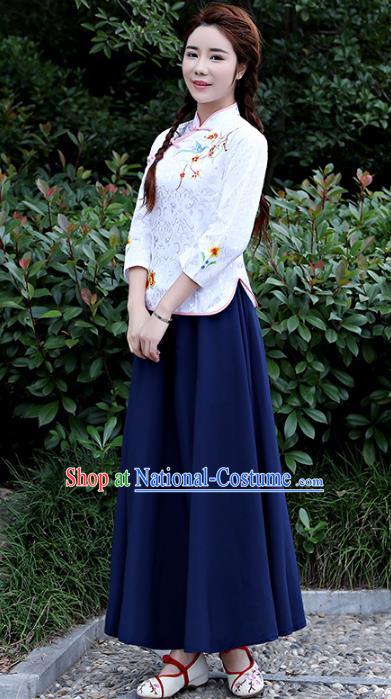 Traditional Republic of China Nobility Lady Costume Embroidered Cheongsam White Blouse and Navy Skirts for Women