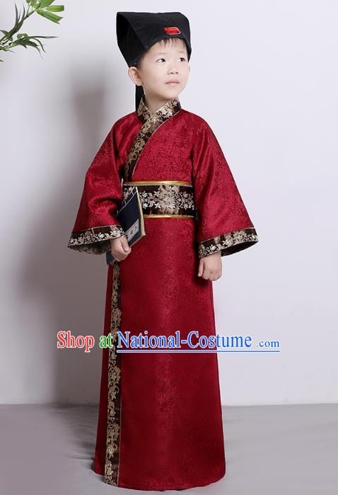 Traditional China Han Dynasty Minister Red Costume, Chinese Ancient Chancellor Hanfu Clothing for Kids