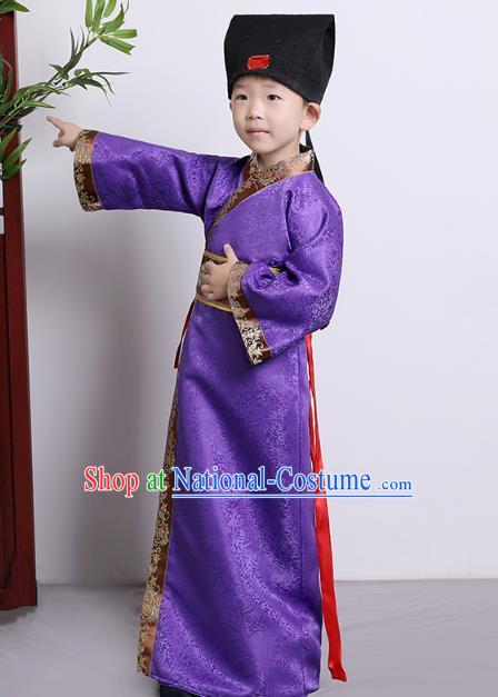 Traditional China Han Dynasty Minister Purple Costume, Chinese Ancient Chancellor Hanfu Clothing for Kids