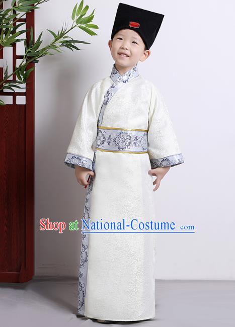 Traditional China Han Dynasty Minister White Costume, Chinese Ancient Chancellor Hanfu Clothing for Kids