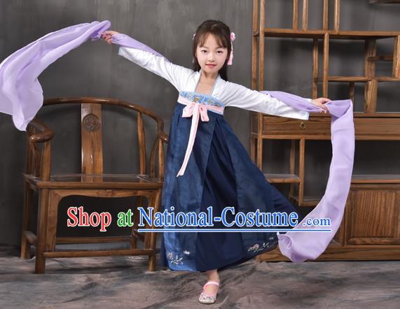 Traditional China Tang Dynasty Princess Navy Costume, Chinese Ancient Palace Lady Hanfu Clothing for Kids