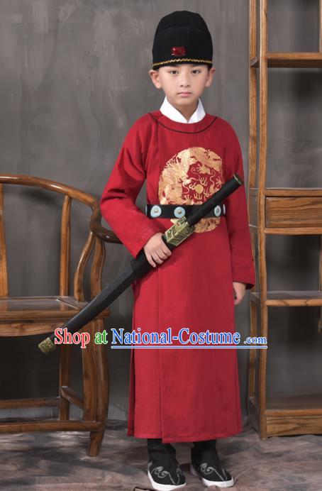 Traditional China Tang Dynasty Imperial Bodyguard Costume, Chinese Ancient Swordsman Red Clothing for Kids