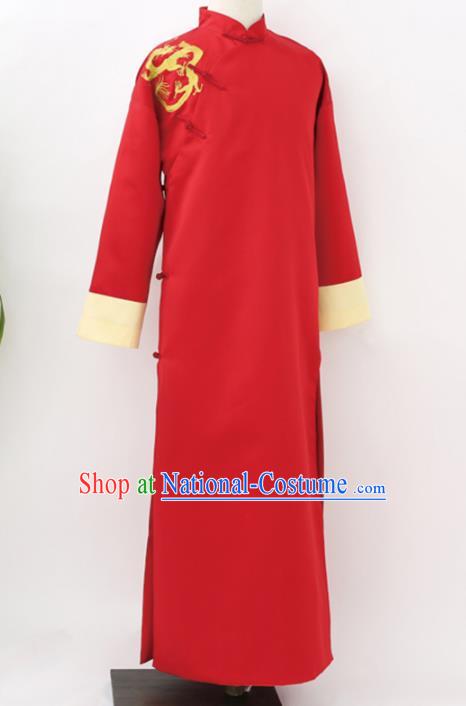 Traditional Republic of China Nobility Childe Costume, Chinese Cross Talke Clothing Red Long Robe for Men