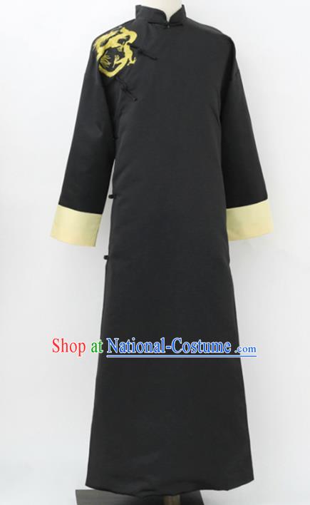 Traditional Republic of China Nobility Childe Costume, Chinese Cross Talke Clothing Black Long Robe for Men