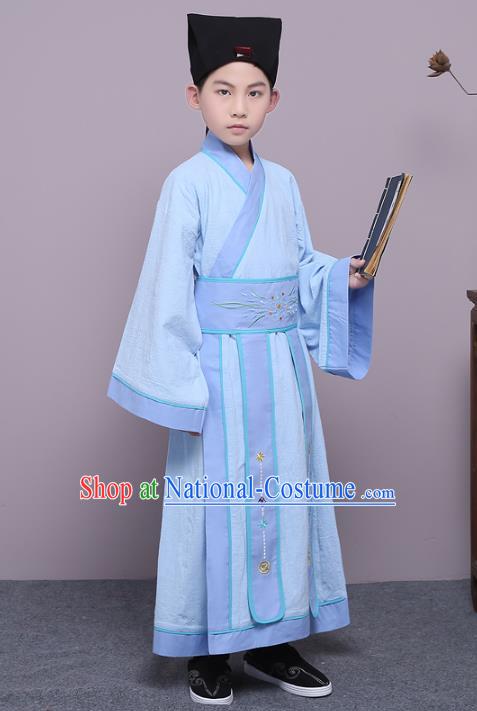 Traditional China Han Dynasty Minister Costume, Chinese Ancient Scholar Hanfu Blue Robe Clothing for Kids