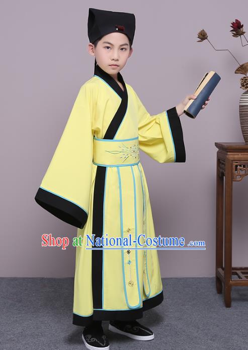 Traditional China Han Dynasty Minister Costume, Chinese Ancient Scholar Hanfu Yellow Robe Clothing for Kids