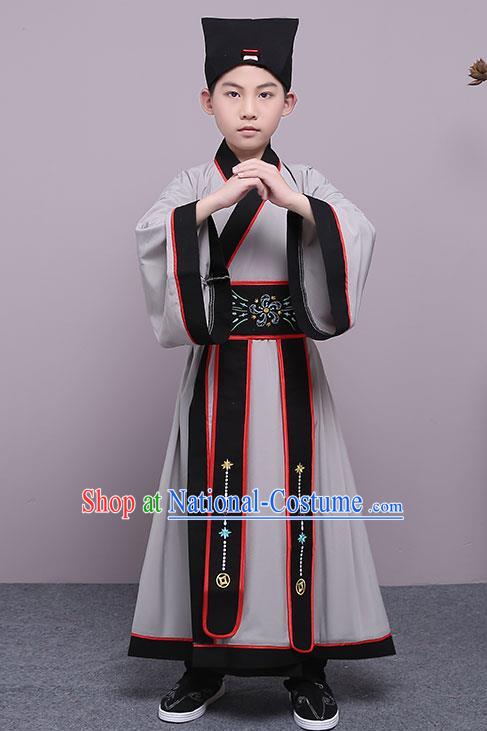 Traditional China Han Dynasty Minister Costume, Chinese Ancient Scholar Hanfu Grey Robe Clothing for Kids