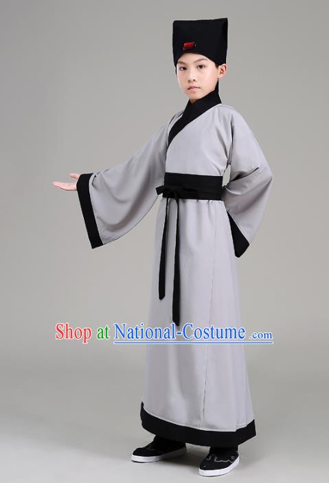 Traditional China Han Dynasty Minister Costume Grey Robe, Chinese Ancient Scholar Hanfu Clothing for Kids