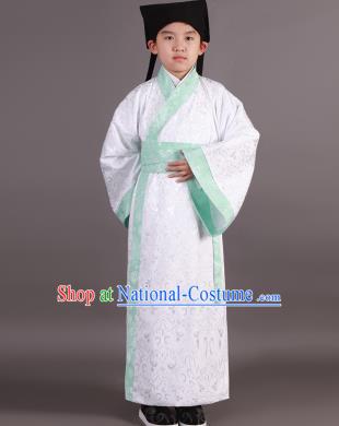 Traditional China Han Dynasty Minister Costume White Robe, Chinese Ancient Scholar Hanfu Clothing for Kids