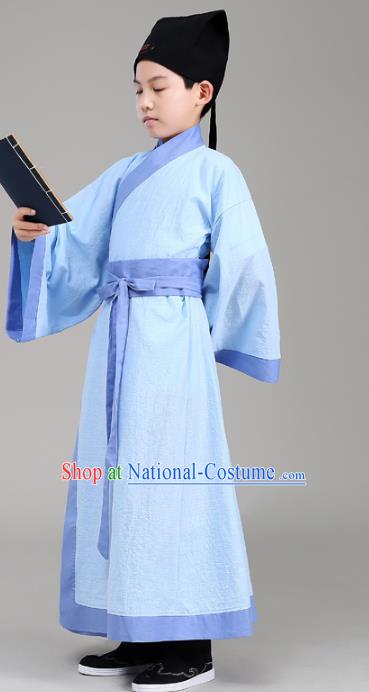 Traditional China Han Dynasty Minister Costume Blue Robe, Chinese Ancient Scholar Hanfu Clothing for Kids