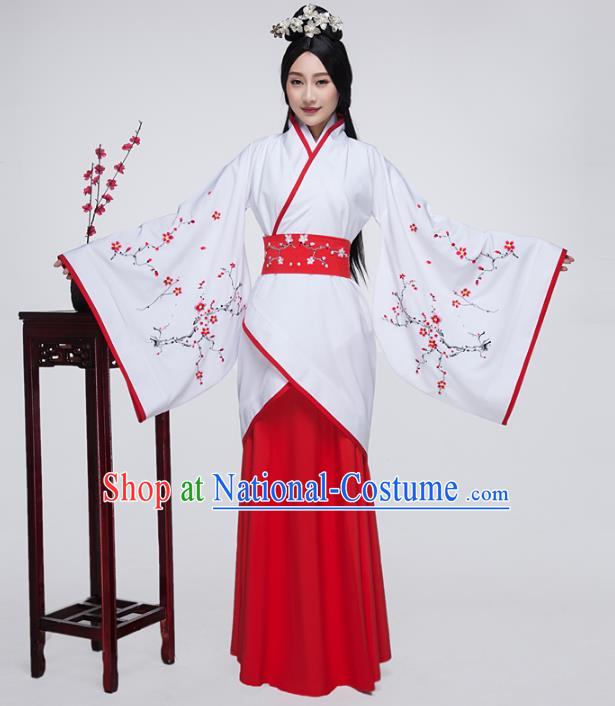 Traditional China Han Dynasty Ancient Palace Princess Costume Embroidered White Curving-front Robe for Women