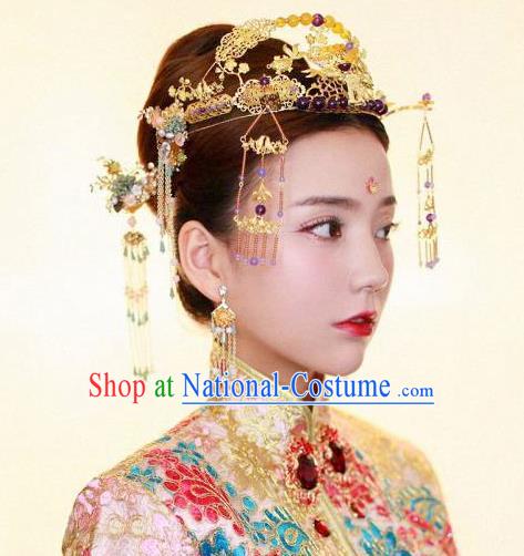 Chinese Handmade Classical Hair Accessories Xiuhe Suit Bride Tassel Phoenix Coronet Hairpins Complete Set for Women