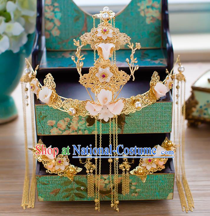 Chinese Handmade Classical Hair Accessories Xiuhe Suit Bride Tassel Hairpins Flowers Phoenix Coronet Complete Set for Women