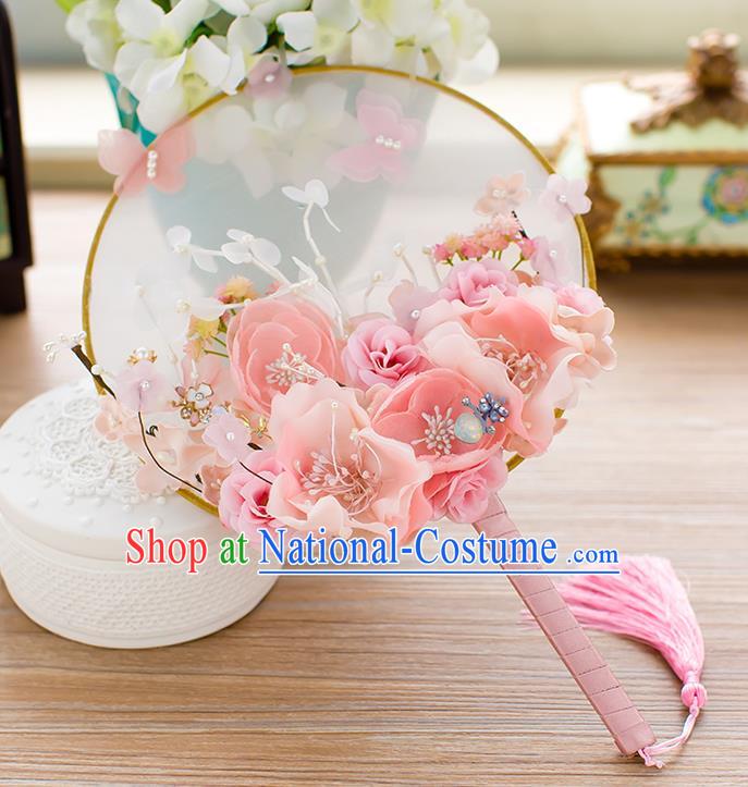 Chinese Handmade Classical Pink Peony Palace Fans Ancient Wedding Round Fans for Women