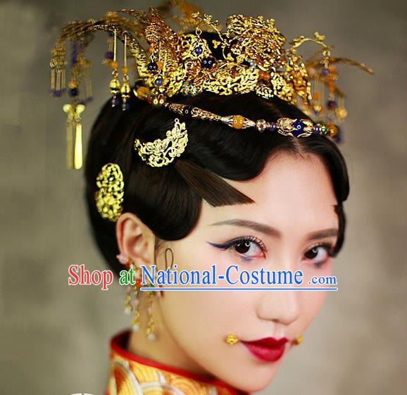 Chinese Handmade Classical Hair Accessories Wedding Bride Tassel Hairpins Phoenix Coronet Complete Set