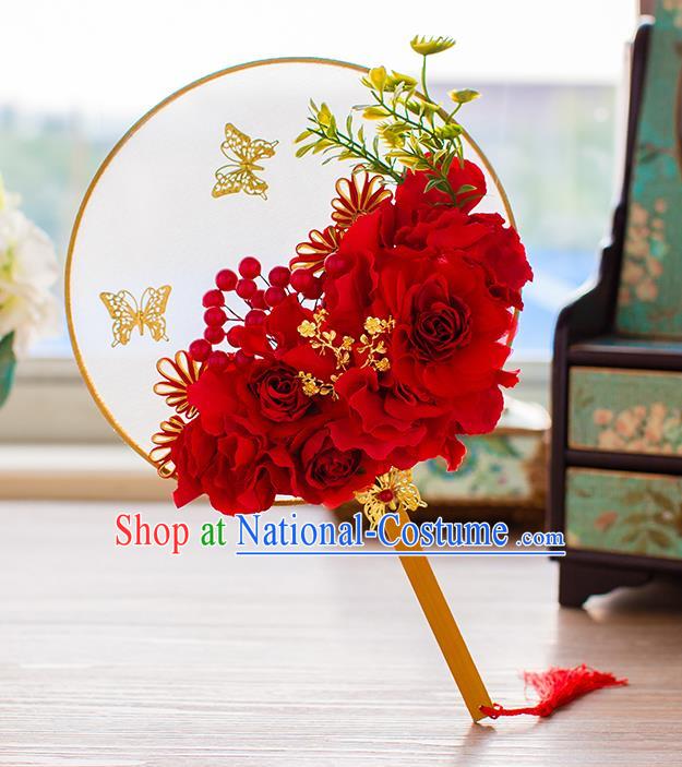 Chinese Handmade Classical Red Peony Butterfly Palace Fans Ancient Wedding Round Fans for Women