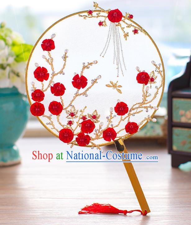 Chinese Handmade Classical Red Wintersweet Palace Fans Ancient Wedding Round Fans for Women