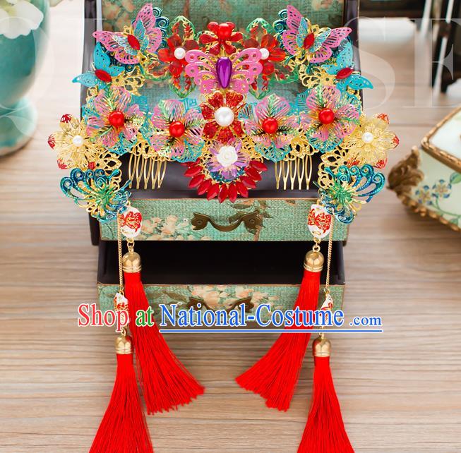 Chinese Handmade Classical Hair Accessories Wedding Hairpins Colorful Butterfly Phoenix Coronet Headwear