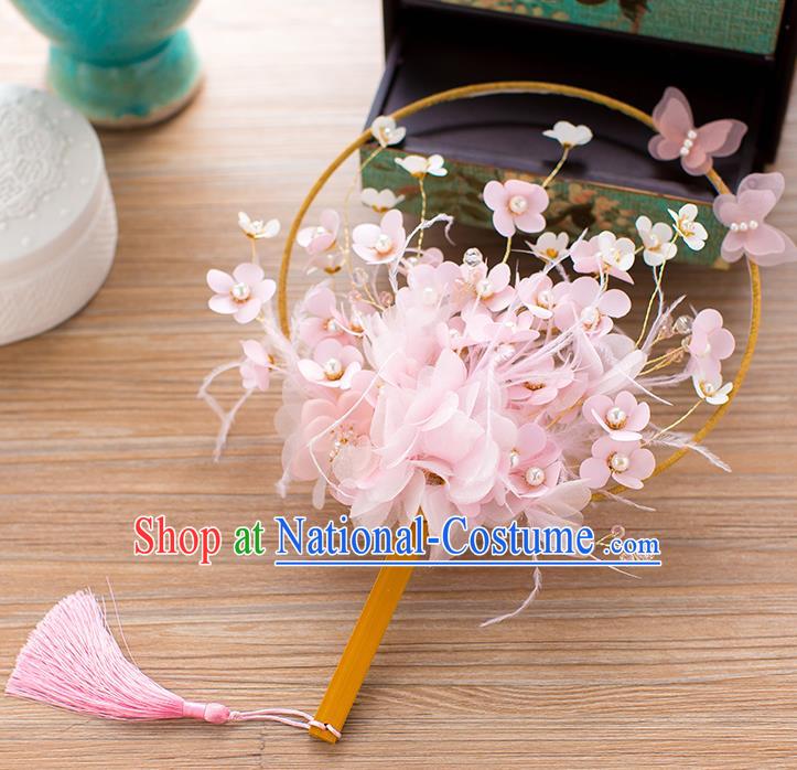 Chinese Handmade Classical Pink Flowers Palace Fans Ancient Wedding Round Fans for Women