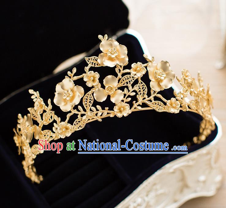 Handmade Classical Hair Accessories Baroque Bride Golden Flowers Royal Crown Headwear for Women