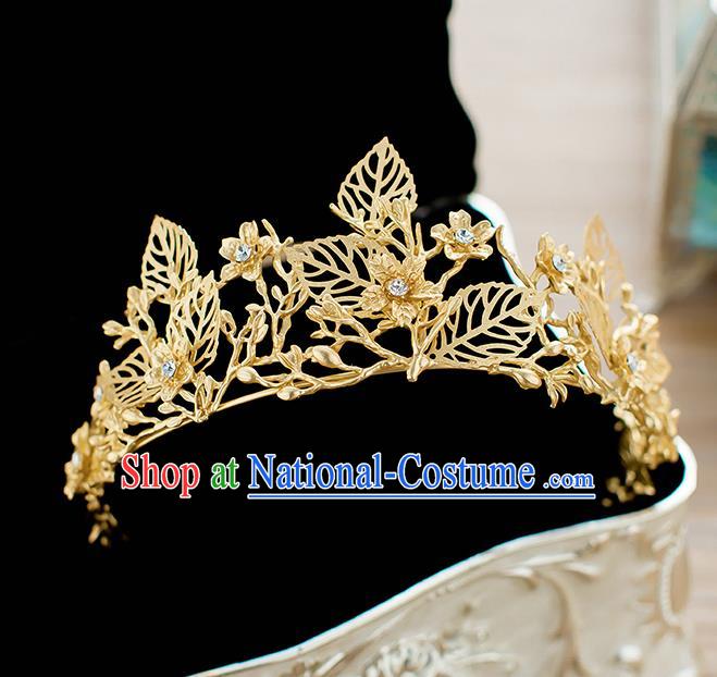 Handmade Classical Hair Accessories Baroque Bride Golden Leaf Royal Crown Headwear for Women