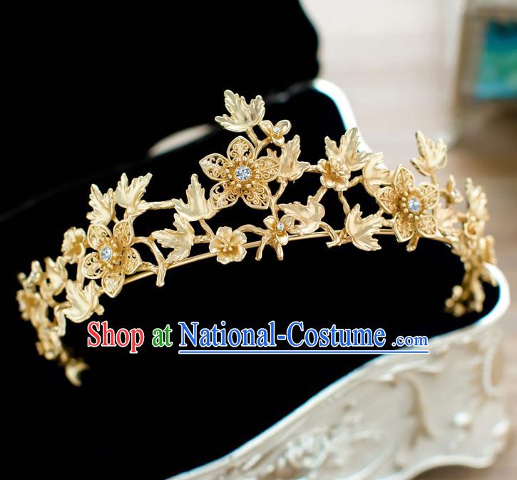 Handmade Classical Hair Accessories Baroque Bride Golden Flowers Royal Crown Headwear for Women