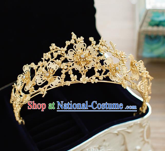 Handmade Classical Hair Accessories Baroque Bride Golden Flowers Royal Crown Headwear for Women