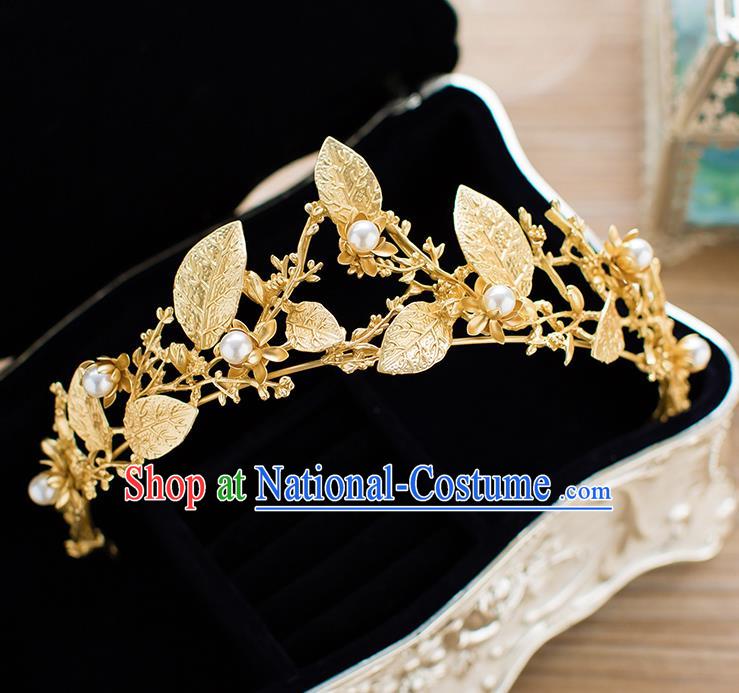 Handmade Classical Hair Accessories Baroque Bride Golden Leaf Pearls Royal Crown Headwear for Women